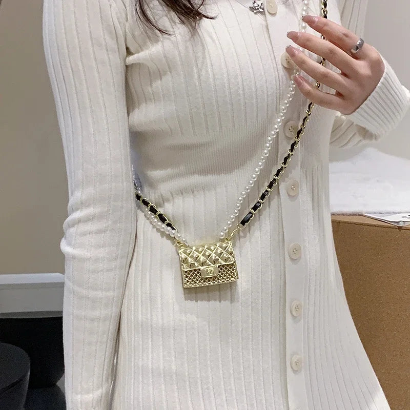 Mini Metal Shoulder Bags for Women Pearl Chain Crossbody Bag Designer Clothing Accessories Satchel Female Decorative Box Handbag