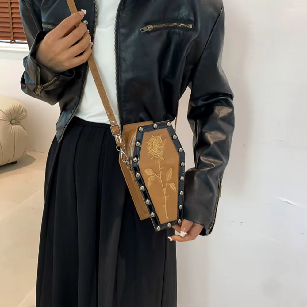 Spooky Chic Halloween Cobweb Coffin Satchel - Large Capacity Gothic PU Leather Hobo Bag with Adjustable Strap