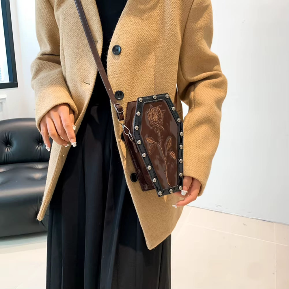 Spooky Chic Halloween Cobweb Coffin Satchel - Large Capacity Gothic PU Leather Hobo Bag with Adjustable Strap