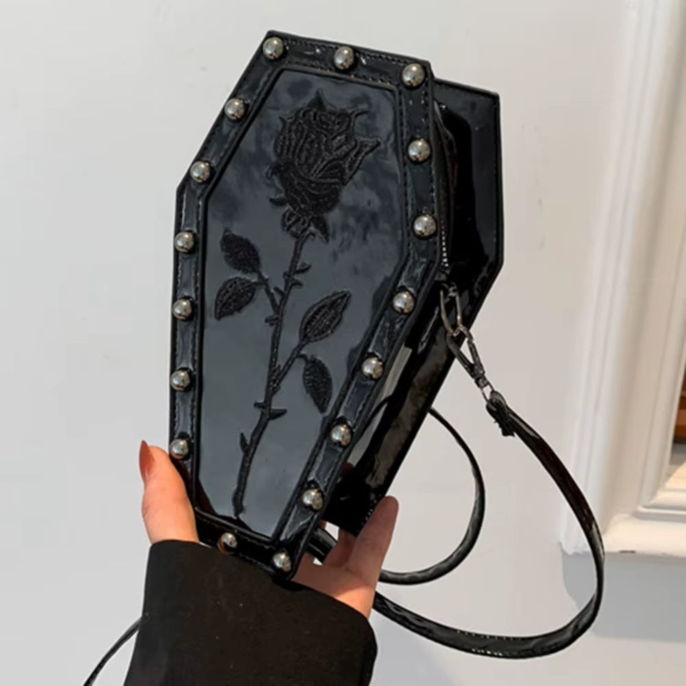 Spooky Chic Halloween Cobweb Coffin Satchel - Large Capacity Gothic PU Leather Hobo Bag with Adjustable Strap